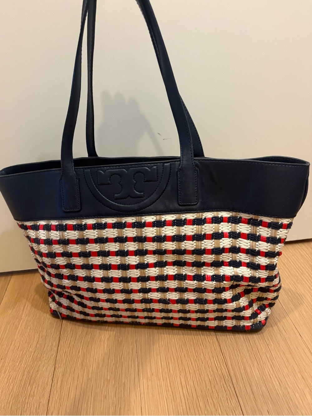 Tory Burch Navy, Red & Biege Woven Leather-Trim Tote